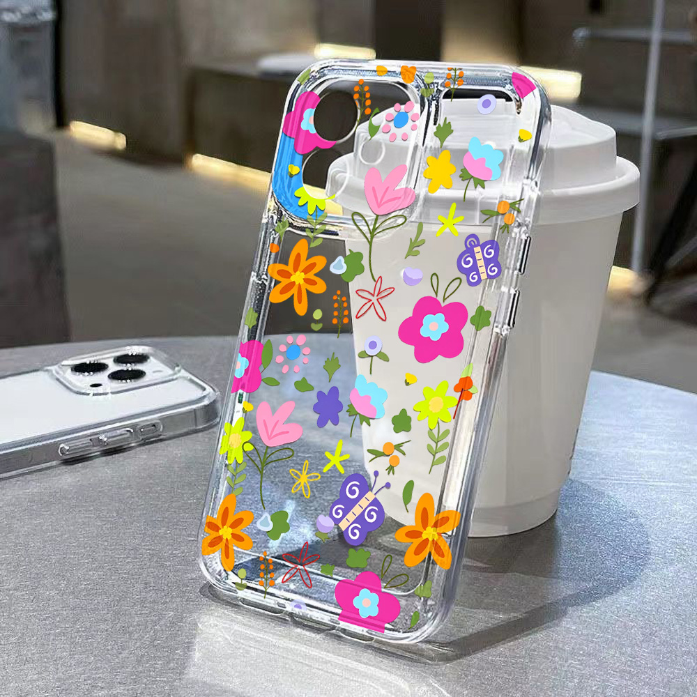 Clear Shockproof Bumper Case - カラフルな花柄クリアスマホケース iPhone 16 17 13 14