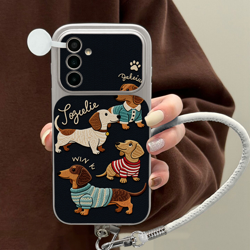 Cute Cartoon Wrist Strap Silicone Case - 漫画風ダックスフント柄スマホケース サムスン A56 A55 A57 A36