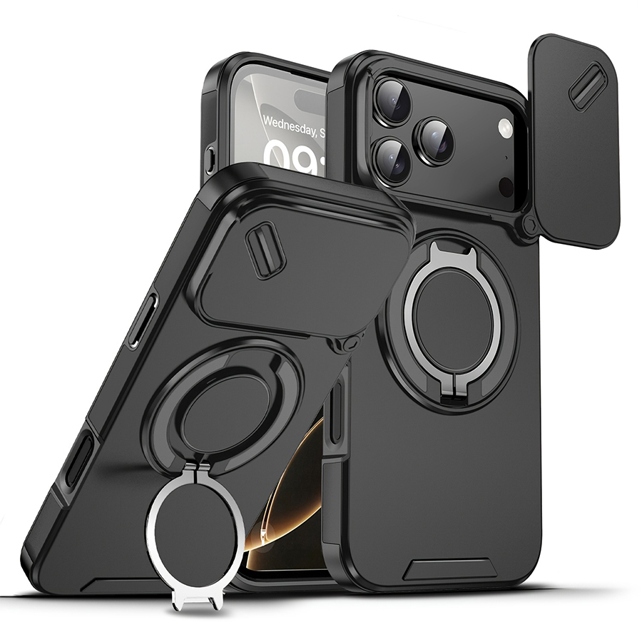 Heavy Duty 360 Full Body Protective Case - スライド式カメラレンズカバーと360°保護機能を備えた、耐衝撃性に優れたマグネット式スマートフォンケース ° 回転式の金属製リングスタンド付き、頑丈なフルカバー保護ケース。iPhone 11/12/13/14/15/16/17/18 Pro Max、Plus、Airシリーズに対応。
