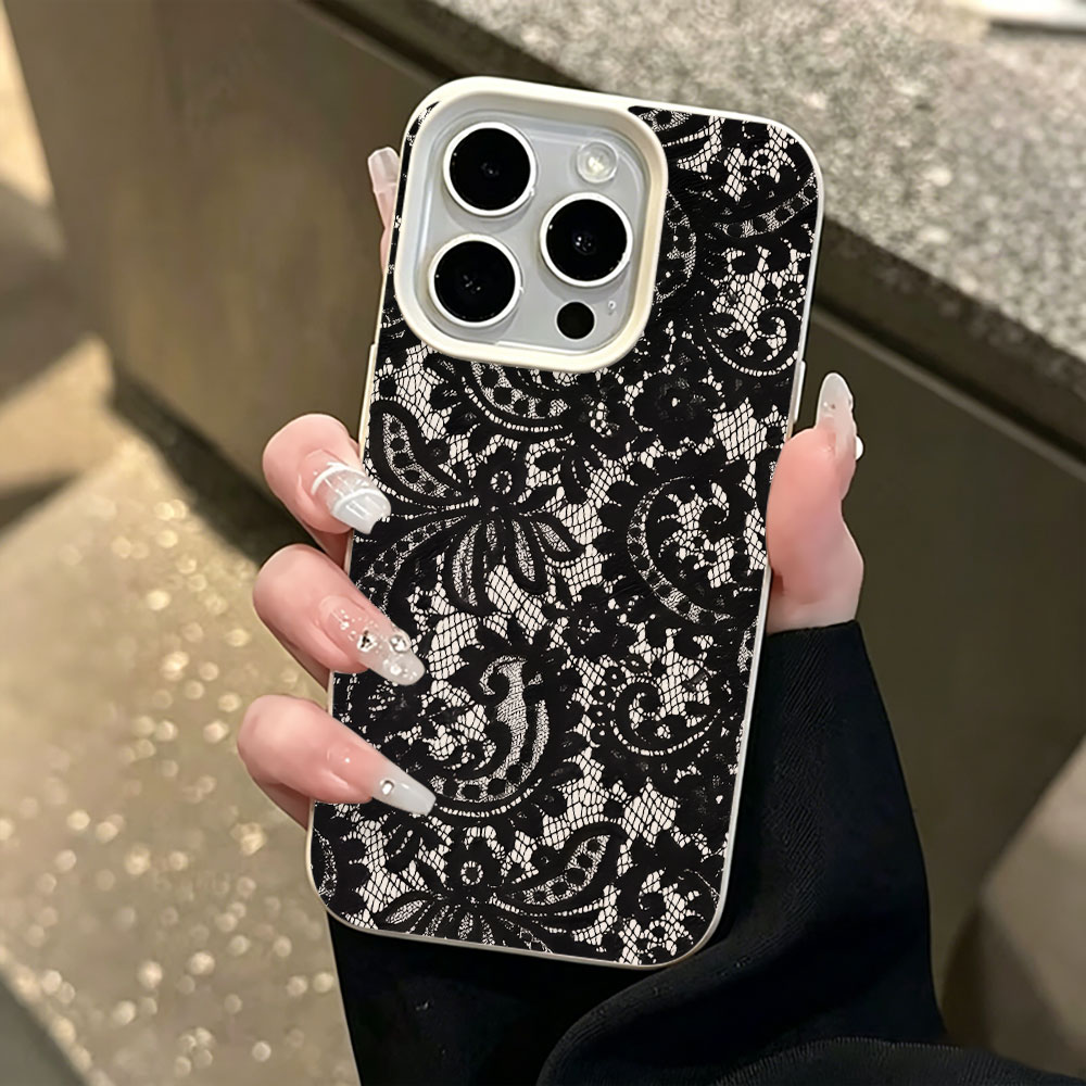 Vintage Floral Pattern Soft Case - 黒のヴィンテージ風花柄レースライチ柄スマホケース iPhone 17 12 16 14