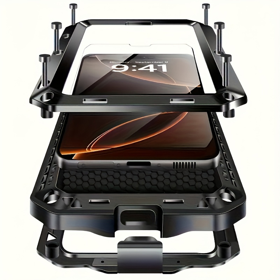 Heavy Duty 360 Full Body Protective Case - 頑丈な金属製のスマートフォンケース。内蔵のガラス製スクリーンプロテクター付き、360度保護。 ° iPhone 18/17/Air/16/15/14/13/12/11、Pro、Pro Max、Plus、Mini、XR、XS、X、SEに対応した、全身を保護する頑丈で、衝撃や埃から守るカバー。