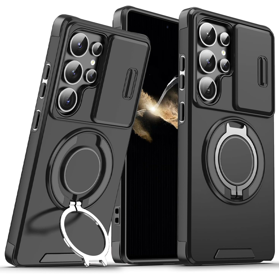 Heavy Duty 360 Full Body Protective Case - 耐衝撃性に優れたマグネット式スマホケース、スライド式カメラレンズカバーと360度保護機能付き ° 回転式金属リングスタンド、頑丈なフルボディ保護カバー、Samsung Galaxy A16、A25、A26、A36、A54、S20、S21、S22、S23、S24、S25、S26、Noteシリーズ対応