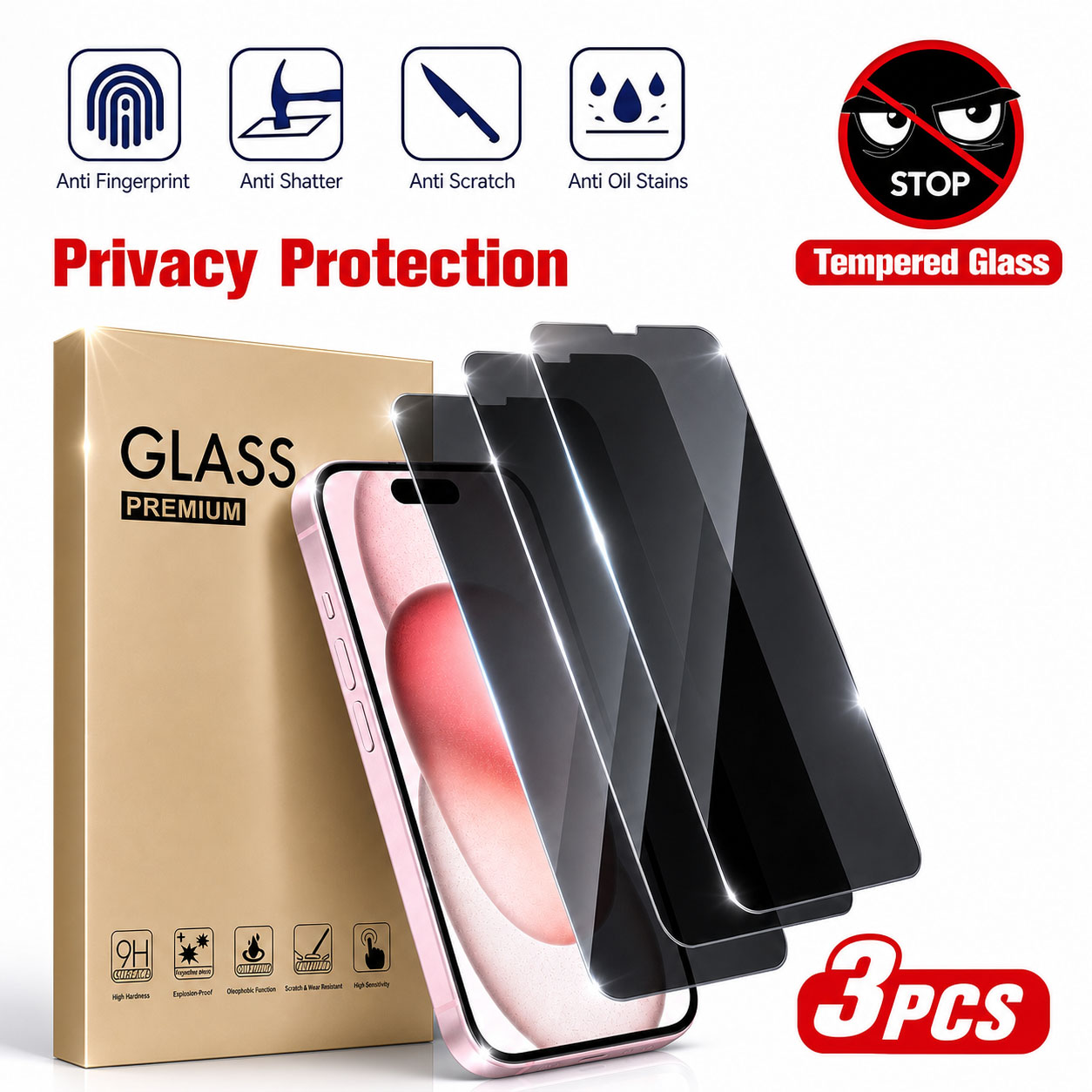 3枚入りプライバシースクリーンプロテクター、Apple 17 - Anti Spy Privacy Glass Case のレビューと価格