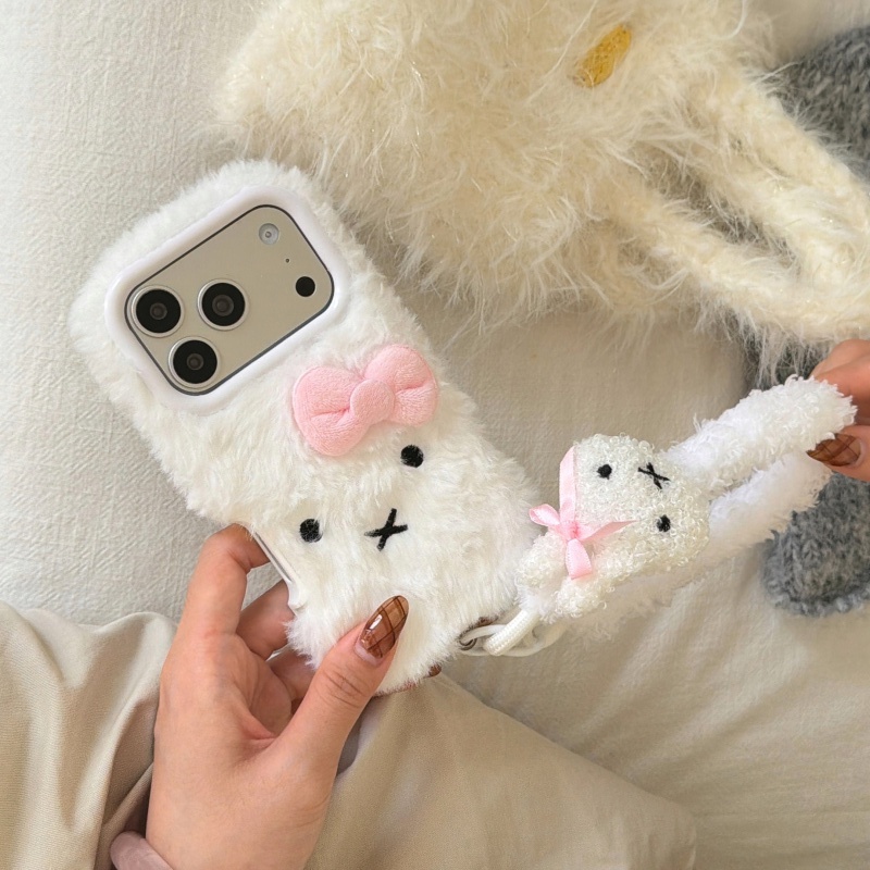 かわいい漫画風白いふわふわのミッフィーのスマホケース iPh - Cute Cartoon Wrist Strap Silicone Case のレビューと価格
