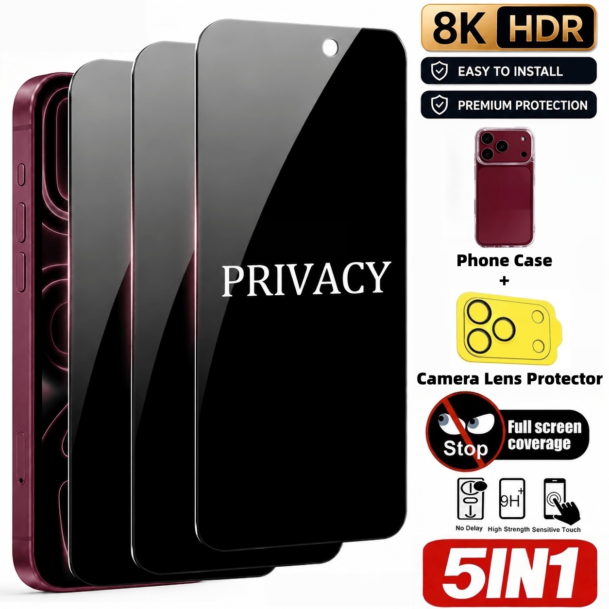 【5点セット】プライバシー強化ガラススクリーンプロテクター3 - Anti Spy Privacy Glass Case のレビューと価格
