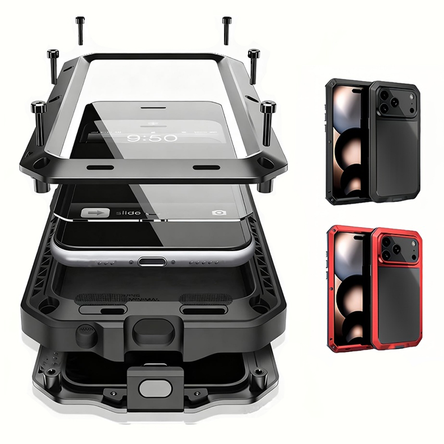 頑丈な金属製のスマートフォンケース。内蔵のガラス製スクリーン - Heavy Duty 360 Full Body Protective Case のレビューと価格