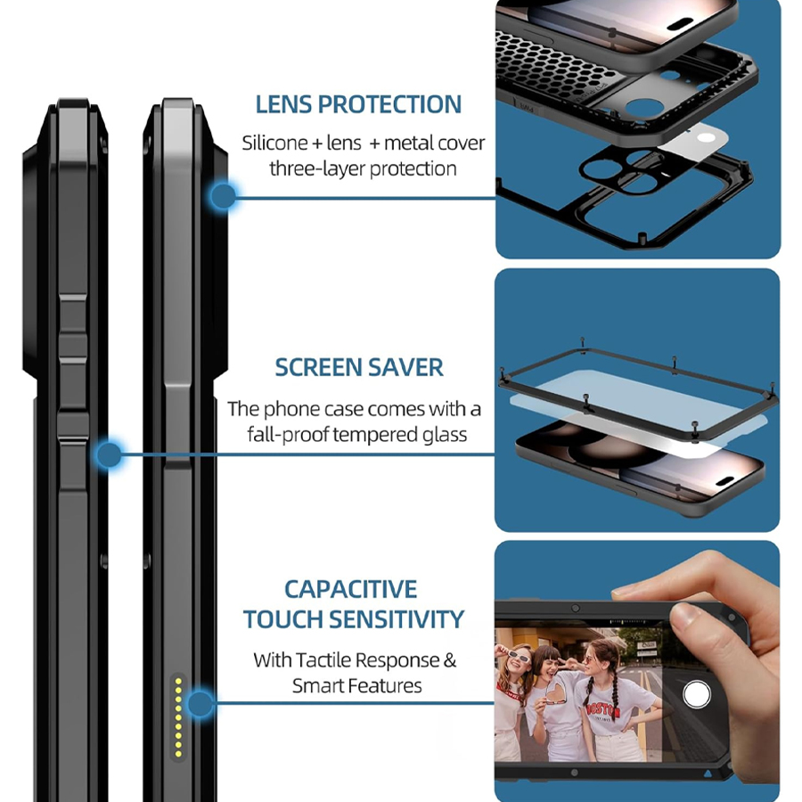 頑丈な金属製のスマートフォンケース。内蔵のガラス製スクリーン - Heavy Duty 360 Full Body Protective Case のレビューと価格